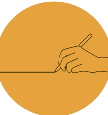Minimalist line art illustration of a hand drawing a straight horizontal line on an orange circle background.
