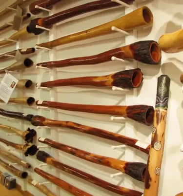a wall of various designs of wooden didgeridoos
