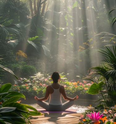 a woman sitting in a garden with sun rays coming through the trees in nature therapy