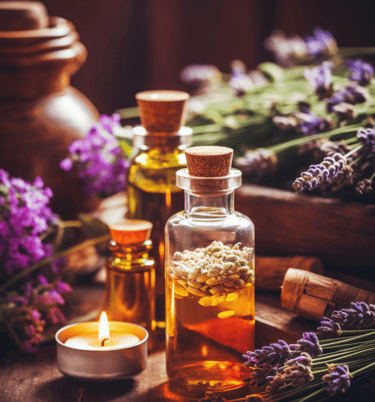 a bottle of essential oils with lavender flowers which is use in naturopathy 