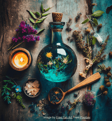 a bottle of tea and candles on a table and have some plant base herbal remedies 