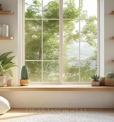 Fenêtre propre avec vue jardin et plantes vertes - nettoyage vitres surfaces Paris professionnel