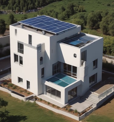 Modern sustainable building with solar panels and green rooftop garden under clear blue sky.