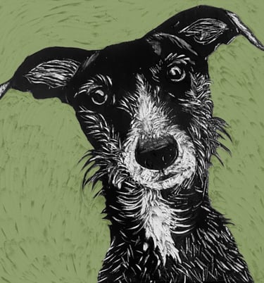 A coloured giclee print of a lurcher handmade clay tile