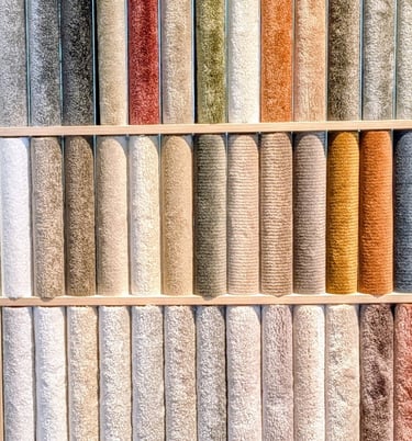 A wall display of colorful carpet samples and rug swatches in various textures and neutral tones.