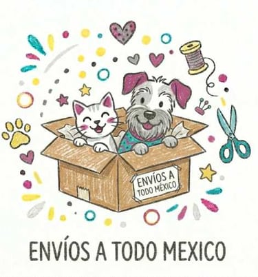 Gato y perro en una caja de envío con el texto "Envíos a todo México"