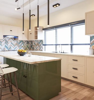 a kitchen with a large island and a bar stool