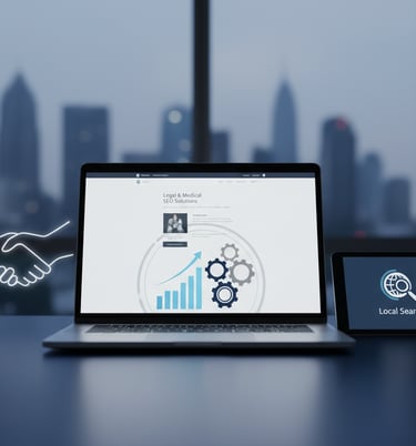 Laptop displaying a website with SEO solutions and a bar graph with gears, symbolizing SEO growth an