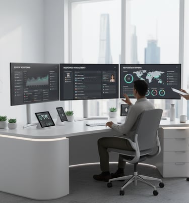 Workspace with screens for review monitoring, response management, and reputation reports.