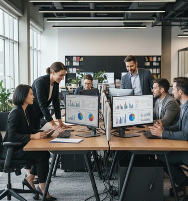 Modern office with realistic professionals collaborating and screens displaying analytics dashboards