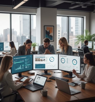 Modern office workspace with screens for ad management, landing page optimization, and performance r