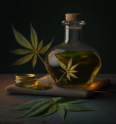 CBD oil on a table with cannabis leaves