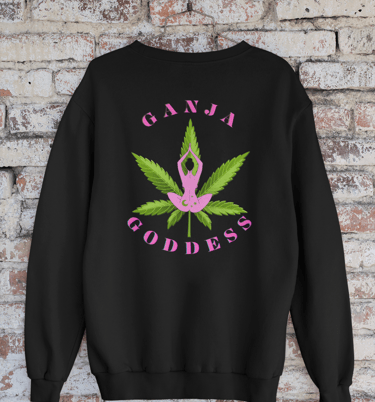 a black sweatshirt with a pink marijuana leaf on it