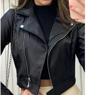 Jaqueta de Couro Feminina Com Ziper Inverno Elegante