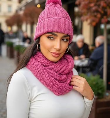 Touca Pompom Feminina de Lã e Cachecol Gola Tricot Frio Kit