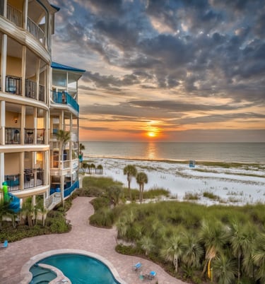 Beach resort with pool overlooking coast at sunset