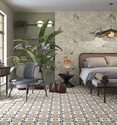 a bedroom with a bed and a chair with vives ceramica Stravaganza collection