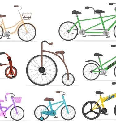 a variety of bicycles and bicycles are shown in this set