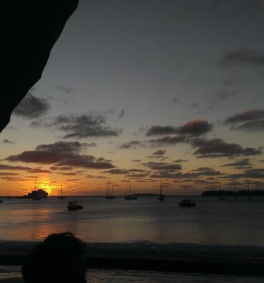 a person sitting on a bench looking out over the water