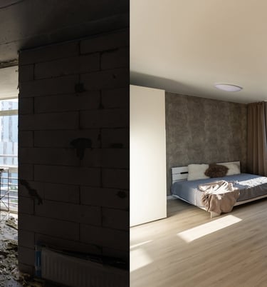 a room before being renovated and converted into a living room with a sofa and a bed