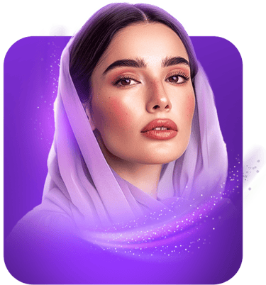 a woman in a white veil and a purple background
