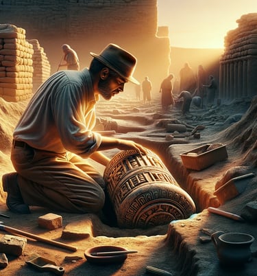 a man in a hat and a hat is kneeling down to a large vase