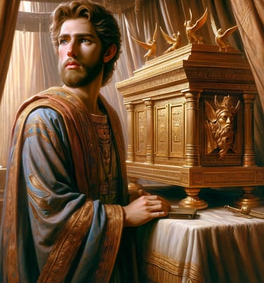 a man in a robe and a crown on a table