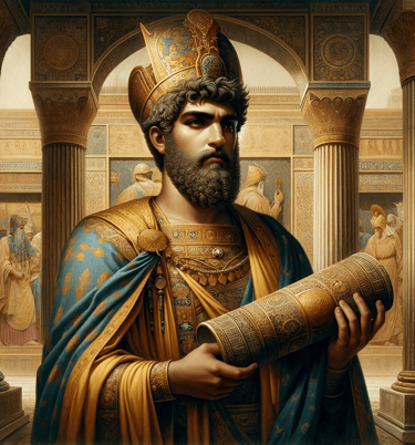 Ciro in a crown and a crown on a throne