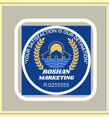 a blue and white sign that says roshan marketing
