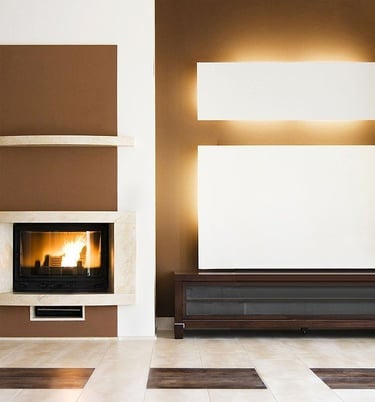 a living room with a fireplace and a tv