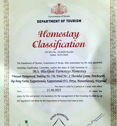 Kerala Goverment Gold Certificate of Aprroval for Homestay 