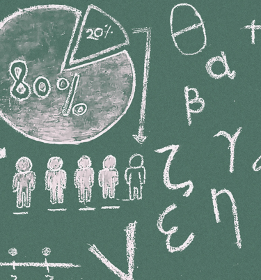 A green chalkboard with drawings of a pie chart, small people and various mathematical characters.