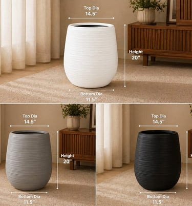 White, gray, and black 20-inch tall outdoor planters with ribbed texture and dimension labels.