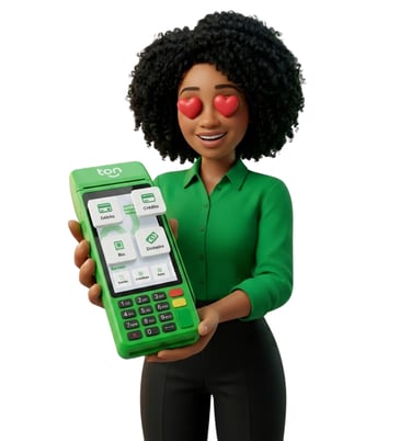 Suzane mascote TON apresentando a maquininha T3 Smart