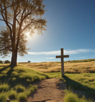 A serene landscape with a cross silhouetted at sunset.