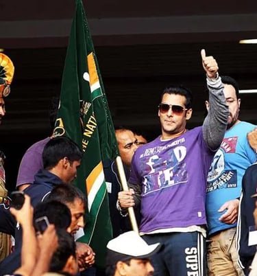 a man in a purple shirt and a man in a hat and sunglasses