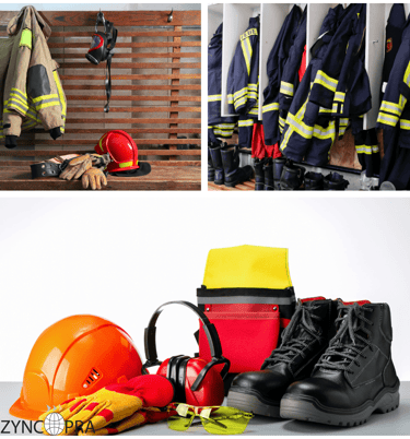 Equipos de protección personal y trajes ignífugos para la seguridad contra incendios.