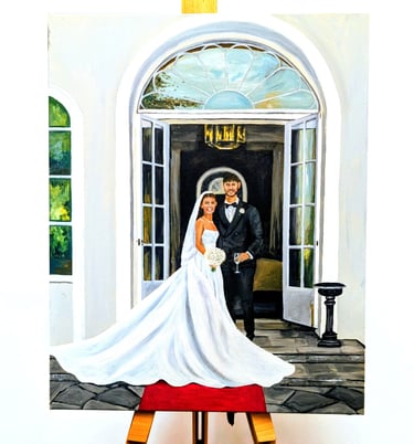 Close up detail of a bespoke live wedding painting of a couple on canvas