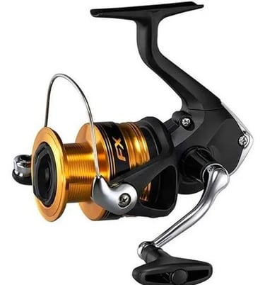 molinete fx shimano bom pesca tambaqui de cor preto e dourado posição invertida.