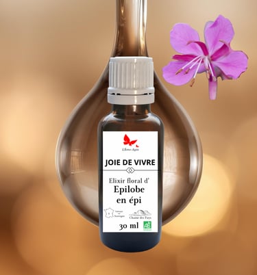 Flacon d'élixirs floral d'épîlobe en épi "joie de vivre"logo l'âme-agie dans sa goutte d'eau+ fleurs