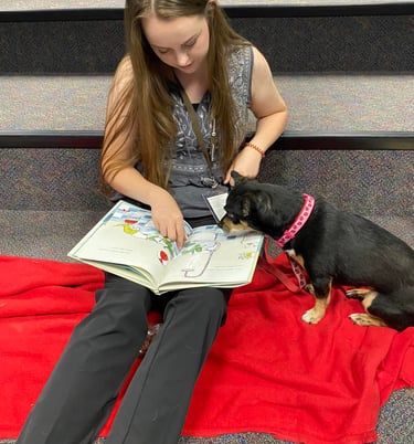 Tender Paws Therapy dog intently watches a girl read a picture book.