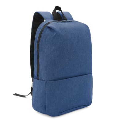 Durable blue heather fabric school backpack with black straps and minimalist design for students.