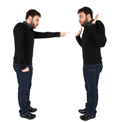 a man with a beard and a beard, pointing at each other
