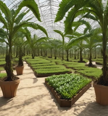 a greenhouse with plants growing in pots and a glass roof