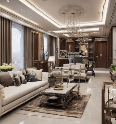 a living room with a large window and a chandelier