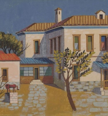 a painting of a house with a horse in the foreground Αγηνωρ Αστεριαδης