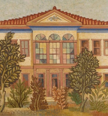 a painting of a house with a large house in the background Αγηνωρ Αστεριαδης