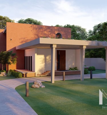 Photograph of a farmhouse under construction, designed by NexArch Studio. View of the main entrance..