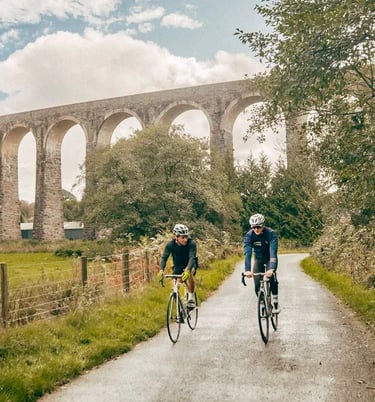 two people riding bikes down a path with a bridge in the background