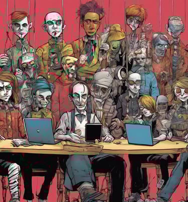 a group of people looking like zombies with puppet strings attached to them with laptops